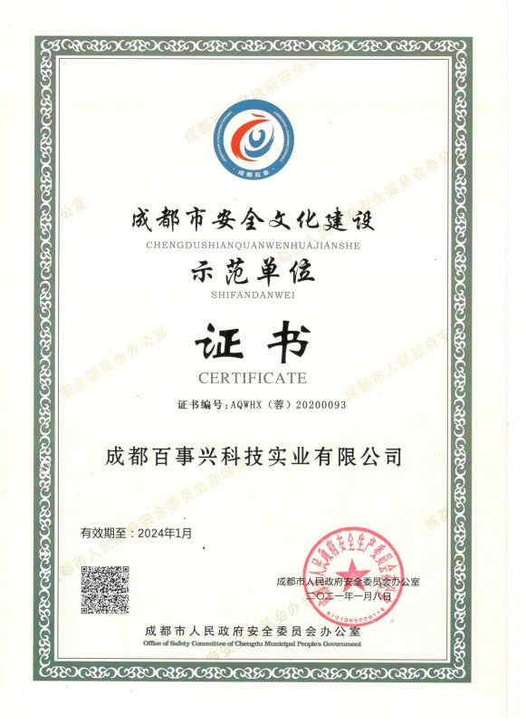 安全文化示范单位证书
